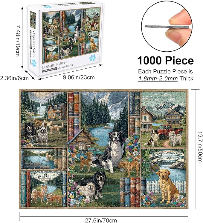 Jigsaw Puzzles for Adults 1000 Pieces, Rocorose Dogs Bookshelf Nature Landscape Puzzle Difficult Animal Jigsaw Puzzles for Family Challenging for Game Night Puzzle Book Home Decoration