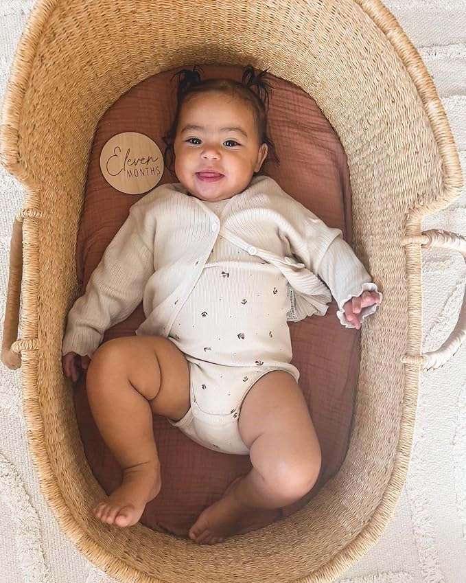 Bassinet Sheet for Baby Boy and Girl 2 Pack, Fitted Sheets for Rectangle, Oval, Hourglass Bassinet Mattress, Muslin Moses Basket Sheets with Neutral Style (Beige & Cream)