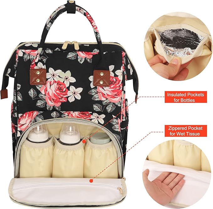 Diaper Bag Backpack Multi-Function Baby Bag With Large Capacity and Insulated Pockets Diaper Backpack Organizer Bag for Mom/Dad, Flower