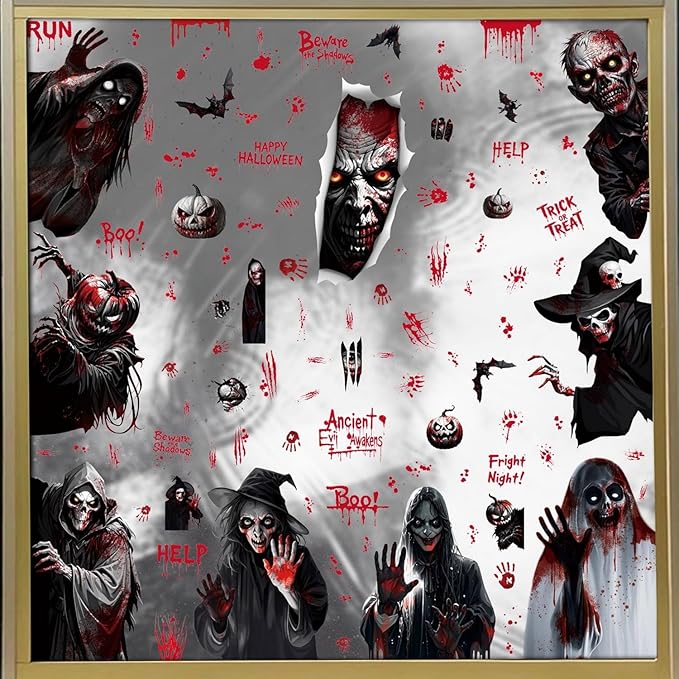 Halloween Window Clings Stickers for Glass Halloween Decals Decorations Scary Ghost Skull Pumpkin Window Sticker with Bloody Handprint Bat Designs for Spooky Party DIY Decor Supplies