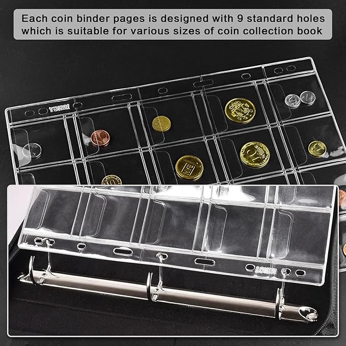 12 Sheets Coin Collection Pages, Coins Pocket Page with 240 Pockets, Coin Binder Inserts Sleeves with Standard 9 Hole for Coin Album. Storage Holder for Currency, Stamp and Other Supplies (20 Pockets)