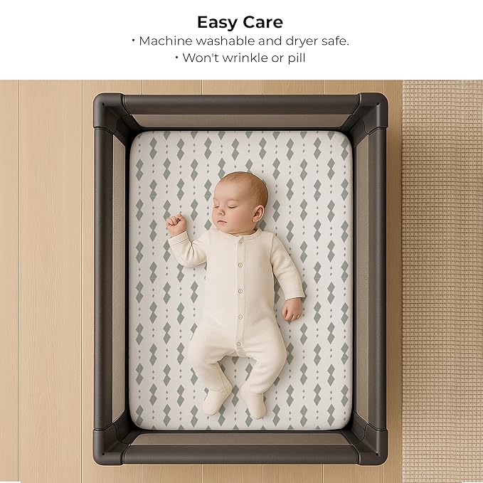 Ely's & Co. Pack N Play Fitted Playard Sheets - Breathable 100% Jersey Knit Cotton - Unisex Mini Crib Mattress Cover - Grey Sage Diamond - 2 Pack Set