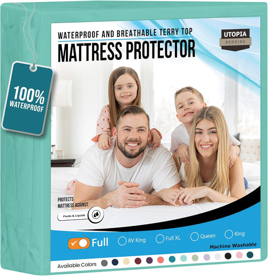 Utopia Bedding Waterproof Mattress Protector Full Size, Premium Terry Mattress Cover 200 GSM, Breathable, Fitted Style with Stretchable Pockets (Spa Blue)