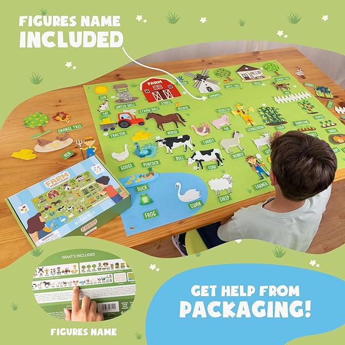 BONNYCO Felt Board for Toddlers with 92 Animal Farm Figures. Montessori and Sensory Toys, Birthday Gifts for Kids 3-8 Years Old. Educational Games, Learning Activities, Christmas