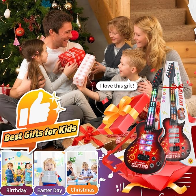 Kids Guitar Toy for 3 Year Old Boy Gift 21 Inches Electric Guitars with 4 Strings for Toddlers Light Up Music Toys for Boys Girls Gifts Ages 3 4 5 (Red)