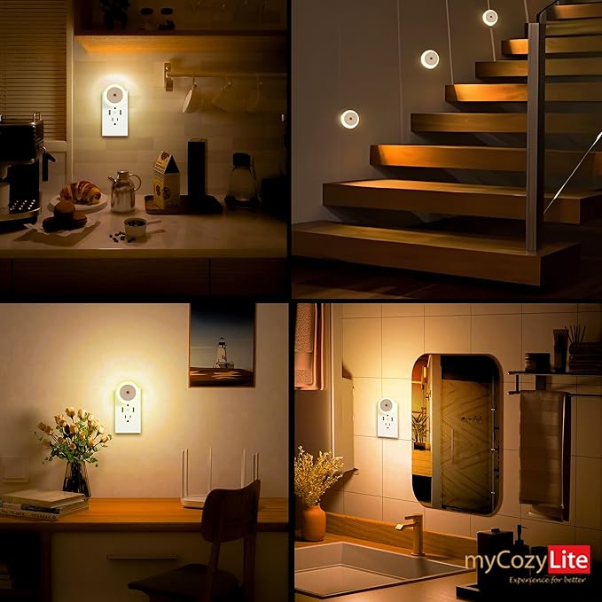 myCozyLite LED Night Lights Plug into Wall, Dusk to Dawn Sensor, Warm Hue, Plug in Night Light, Automatic Dimming, 2 Pack Night Lights for Kids, Adults, Hallways, Stairway, Kitchen, Bathroom, Bedroom