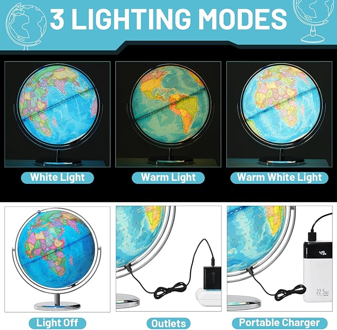 13" Illuminated Globes, 720° Spinning Globe with Touch Switch & Light Up Without Charging & 3 LED Lighting Modes for Classroom Education & Bedroom Decor, Inspire Geography Interest