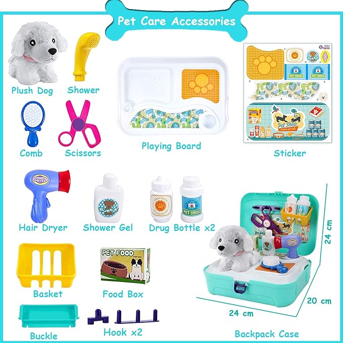 TEUVO Pet Care Play Set Doctor Kit for Kids, 16 Pcs Doctor Pretend Play Vet Dog Grooming Toys Puppy Dog Carrier Feeding Dog Backpack Gifts for Girls Boys 3-7 Years Old