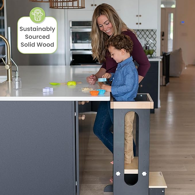 Little Partners Foldable Toddler Tower, Learning Tower Explore 'N Store Montessori Standing Kitchen Tower with Folding Step Stool Platform for Cooking and Learning, Ages 2+ (Charcoal)