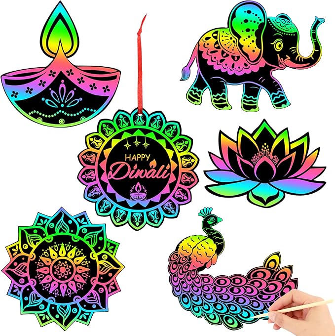 JULMELON 36 PCS Diwali Crafts, Rainbow Scratch Art DIY Scratch Paper Cards Magic Color Diwali Gifts Arts and Craft Kits Bulk Happy Diwali Party Favors School Activities Games