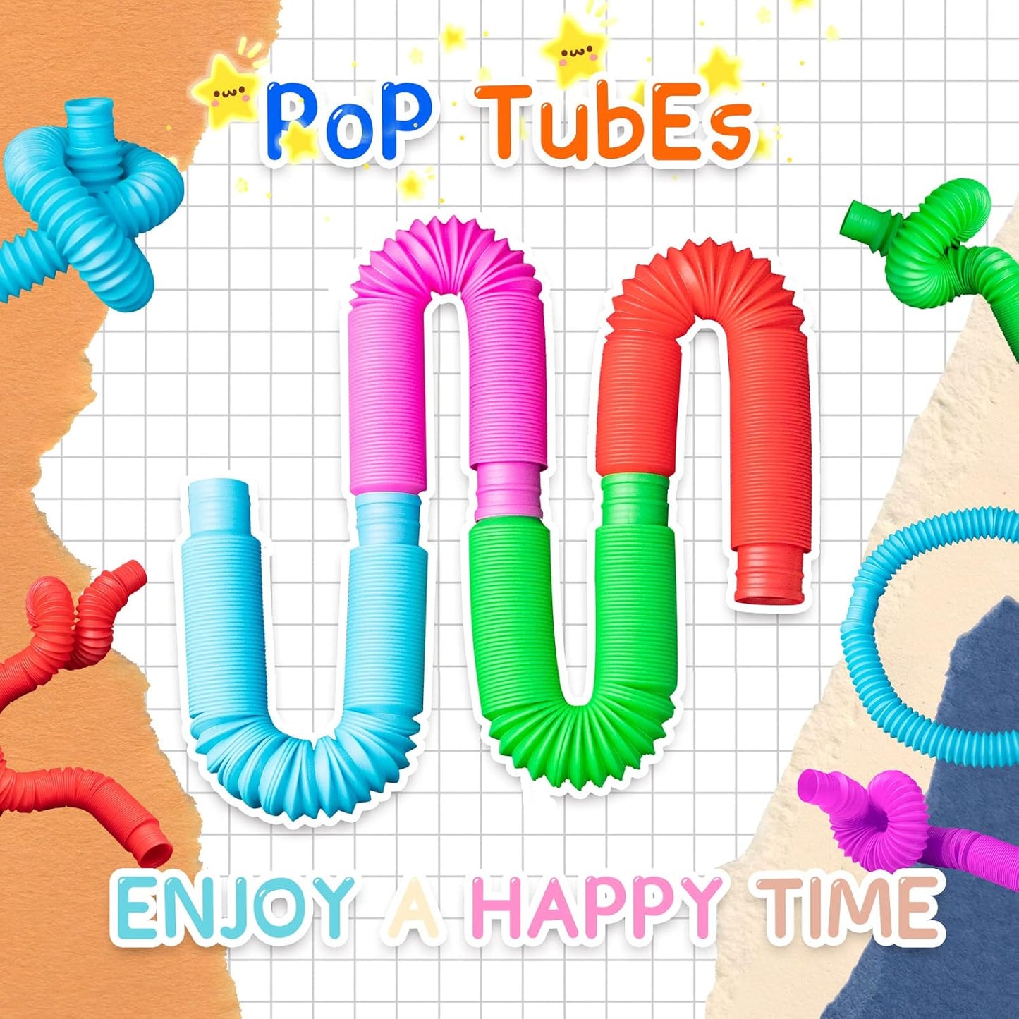 Pop Tubes Sensory Toys, Fidget Toys for Kids and Adults, Pop Multi-Color Tubes Sensory Toy (4 Pack)
