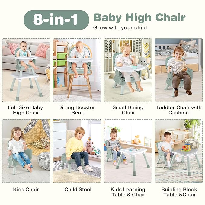 BABY JOY Baby High Chair, 8 in 1 Convertible Highchair for Babies & Toddlers | Booster Seat | Table and Chair Set | Building Block Table | Toddler Chair with Safety Harness, Removable Tray (Green)