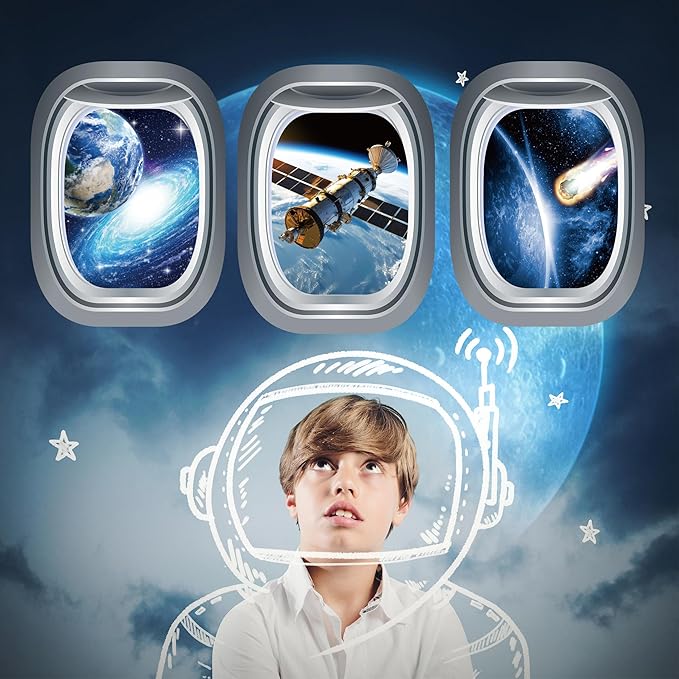 Glow in The Dark 3D Space Wall Decals, Set of 3 Galaxy Window Stickers for Wall, Space Themed Room Decor for Kids Boys (Blue)