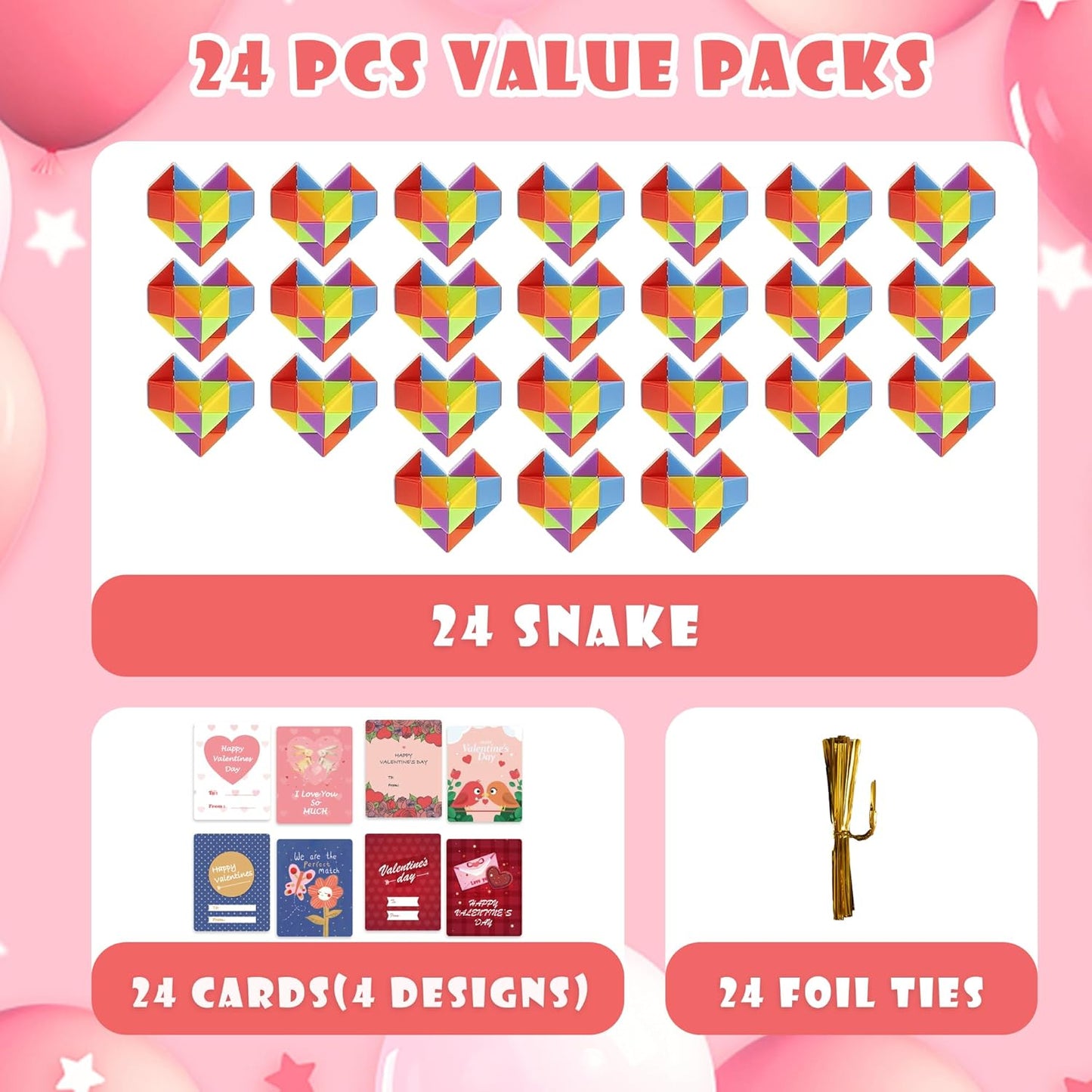Ganowo 24 Packs Valentine's Day Cards with Rainbow Snake Cube Twist Toys for Kids, Valentines Students Gifts Fidget Toys with Cards for Valentine School Classroom Exchange Party Favor