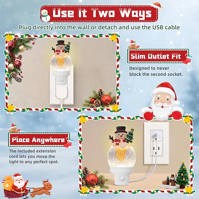 Christmas Snowman Night Light Plug into Wall Swirling Glitter USB Portable Christmas Decorative Night Light Decoration for Bedroom Kitchen Living Room Holiday Decor (Snowman Cookie Cone)