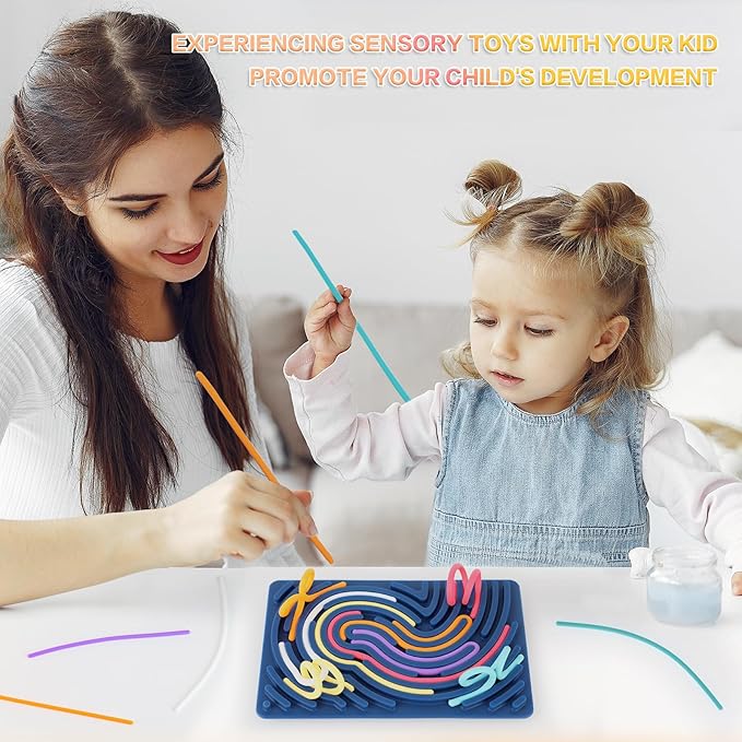 Sensory Activity Board, Silicone Fidget Toy for Stress Relief, Calming, Focus, ADHD and Autism, 6 Colors Sensory Toys Game Controller for Kids 2+ & Adults with 20 Strings (Navy Blue)