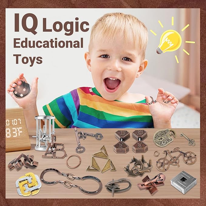 15 Pcs Brain Teaser Metal Wire Puzzles, Mind IQ Test Unlock Toy, Interlock Challenge Puzzle Game Educational Toy Gift for Boys Girls Teens Adults, #A