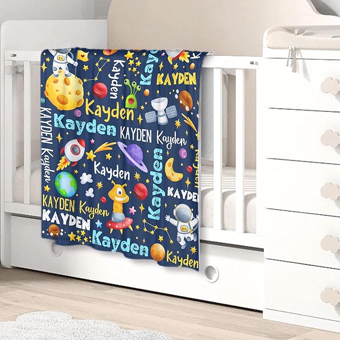 Personalized Baby Blanket for Girls Boys Kids Planet Astronaut Custom Baby Blanket with Name Throw Birthday Gift for Toddlers Infants Shower Newborns Nursery Stroller Crib Bed Decor