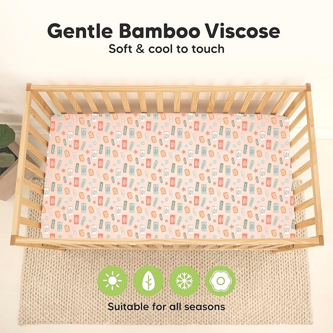 2-Pack Waterproof Baby Crib Sheets for Boys, Girls - 52x28 Viscose Derived from Bamboo Toddler Bed Sheet Neutral, Fitted Crib Mattress Protector Cover for Baby Bedding, Soft & Gentle (Beach Day)