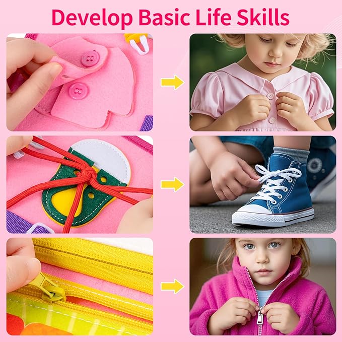 12-Page Toddler Busy Board Montessori Toys, Busy Book for Toddlers, Girl Birthday Gift,Toddler, 24 in 1 Activity Sensory Toys for Motor Skills, Travel Toy for Car Airplane (Pink)