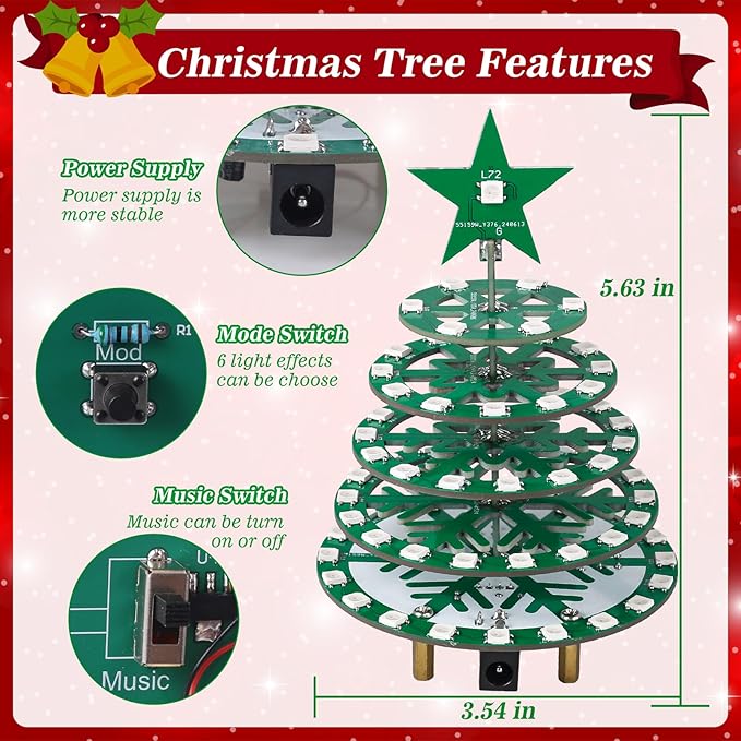 Christmas Tree Soldering Projects, PEMENOL DIY X-mas Tree SMD Soldering Practice Kit, 73 Pcs WS2812B RGB LEDs with 6 Types of Light Effects Music for Christmas Desktop Decoration College