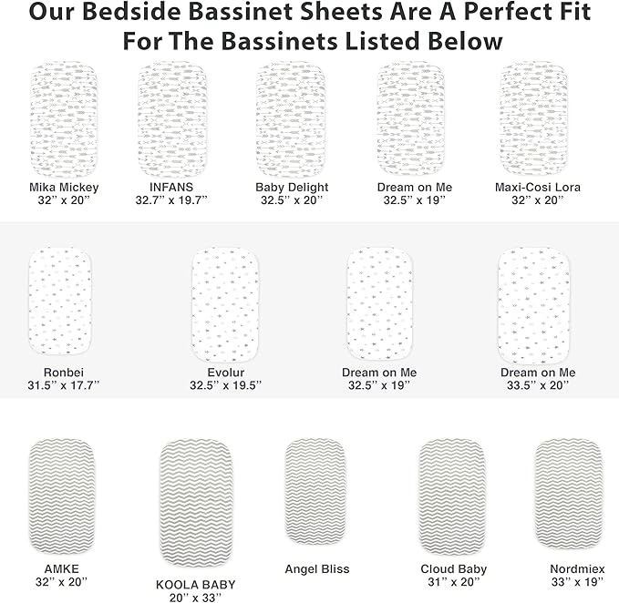 3 Pack Organic Bedside Bassinet Sheets Compatible with Mika Micky, Baby Delight, Dream On Me, AMKE and Other Bassinet Mattress Pads Size Between 17-21 in Width, 29-33 in Length, and 1.5-4 in Thick