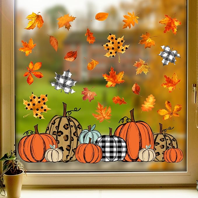 Whaline 138Pcs Fall Window Clings Thanksgiving Autumn Harvest Colorful Pumpkin Leaves Window Decals for Autumn Thanksgiving Home School Office Party Supplies Gifts