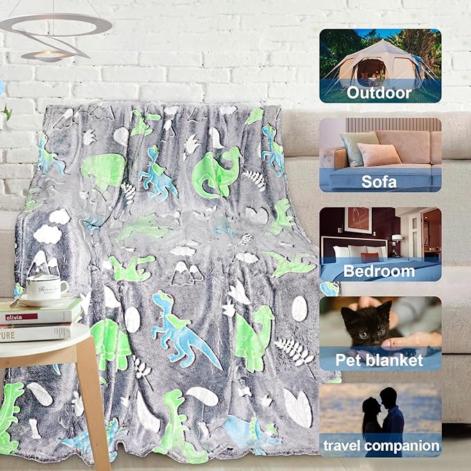Glow in the Dark Dinosaur Blanket for Kids Boys Toddler, Soft Fleece Throw 40"x60" Birthday Gift