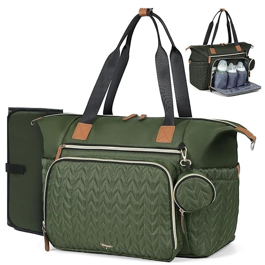 Diaper Bag Tote, Large Baby Diaper Bags Waterproof, Hospital Bag for Labor Delivery with Pacifier Case, Changing Pad, Shoulder Strap, Dark Green