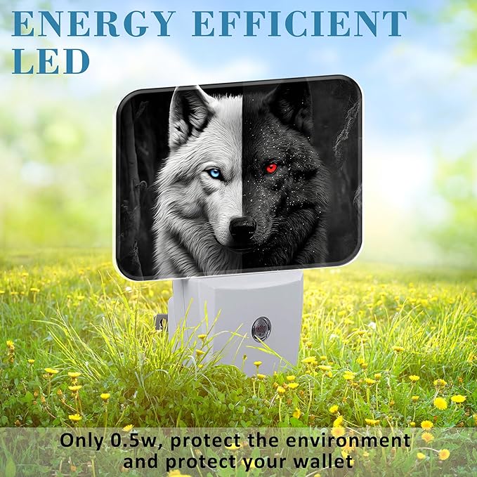 Black White Wolf Night Light for Kids Girls Boys, Red Blue Eyes Wolf LED Night Light Plug into Wall with Dusk to Dawn Sensor for Bedroom, Hallway, Kitchen, Bathroom, Stairs Decor