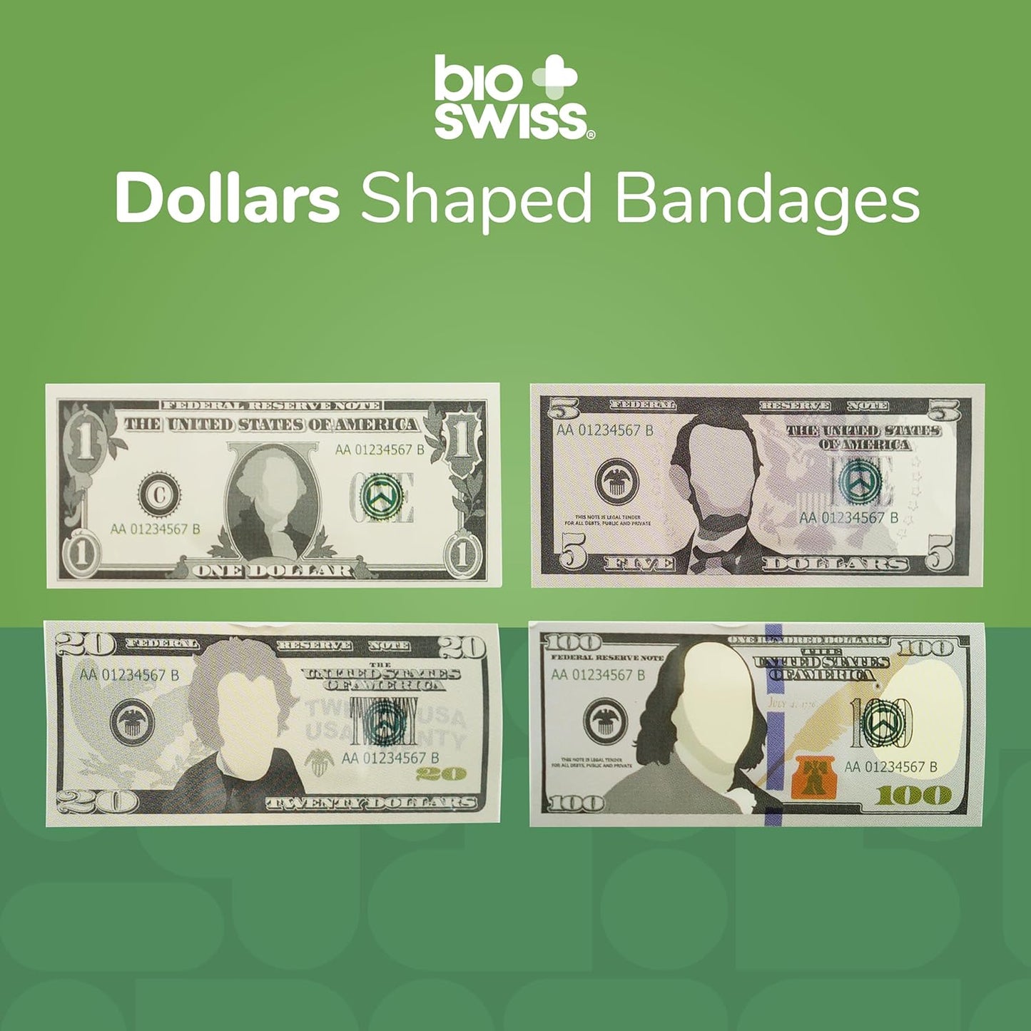 BioSwiss Bandages, Money Shaped Self Adhesive Bandage, Latex Free Sterile Wound Care, Fun First Aid Kit Supplies for Kids, 50 Count