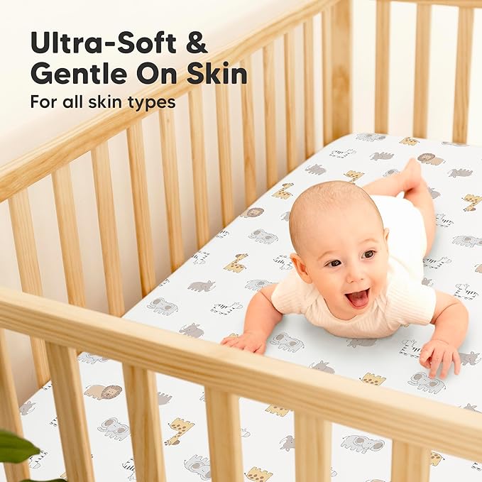 2-Pack Waterproof Baby Crib Sheets for Boys, Girls - 52x28 Viscose Derived from Bamboo Toddler Bed Sheet Neutral, Fitted Crib Mattress Protector Cover for Baby Bedding, Soft & Gentle (KeaSafari)