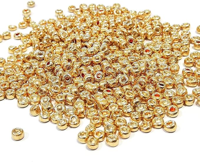 Perlin Glass Seed Beads 4mm 6/0 Round Mini Small Pony Spacer Beads 1100pcs for Jewelry Making Earrings Bracelets Pendants Waist DIY Handmade Metallic Color Kit (Gold)