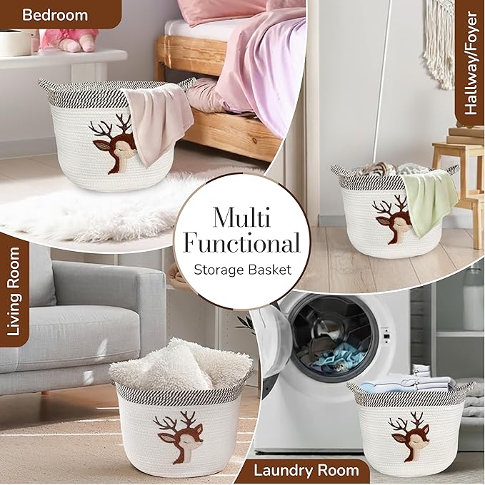 Deer Storage Basket for Nursery – Large 15”x11” Cotton Rope Bin with Soft Felt Animal Patch – Toy Organizer, Baby Laundry Hamper, Diaper & Towel Holder – Foldable, Washable & Baby-Safe