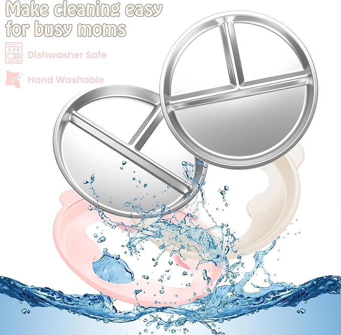 Stainless Steel Kids Plate with Suction Set of 2, 9″ Toddler Divided Plates with Removable Non Slip Silicone Sleeves, Unbreakable Baby Snack Dishes, BPA Free, Beige & Light Pink