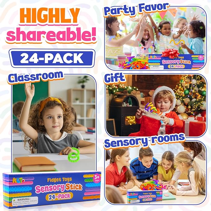 Fidget Toys Bulk for Kids: 24 Pack Textured Silicon Sensory Sticks, Bulk Prizes for Students Teacher Classroom, Anxiety Relief Sensory Toys, Party Favors Goodie Bag Stocking Stuffer for Kids