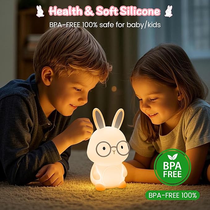 Bunny Night Light for Kids, Soft Silicone Nursery Lamp, 7-Color Glow, 3-Level Dimmable Warm Light, Tap Control, 30Min Timer, Rechargeable, BPA-Free, Easter & Birthday Gift, Baby Room Decor, Gray