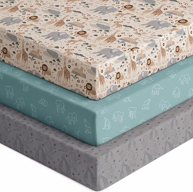 Baby Crib Sheets for Boys Girls, 28x52x8in Fitted Crib Sheet Neutral 3 Pack for Standard Crib and Toddler Mattress, Breathable Soft Microfiber Baby Sheet Elephant