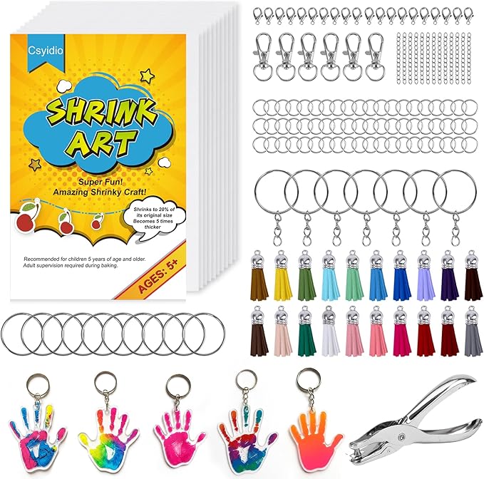 Csyidio 251 PCS Shrink Dink Keychain Kit Includes 20 Sheets Shrink Plastic Sheets, Hole Punch, Tassels, Lobster Clasps, Keychain Clip, Jump Rings, Key Ring, Great for DIY Mother's Day Crafts