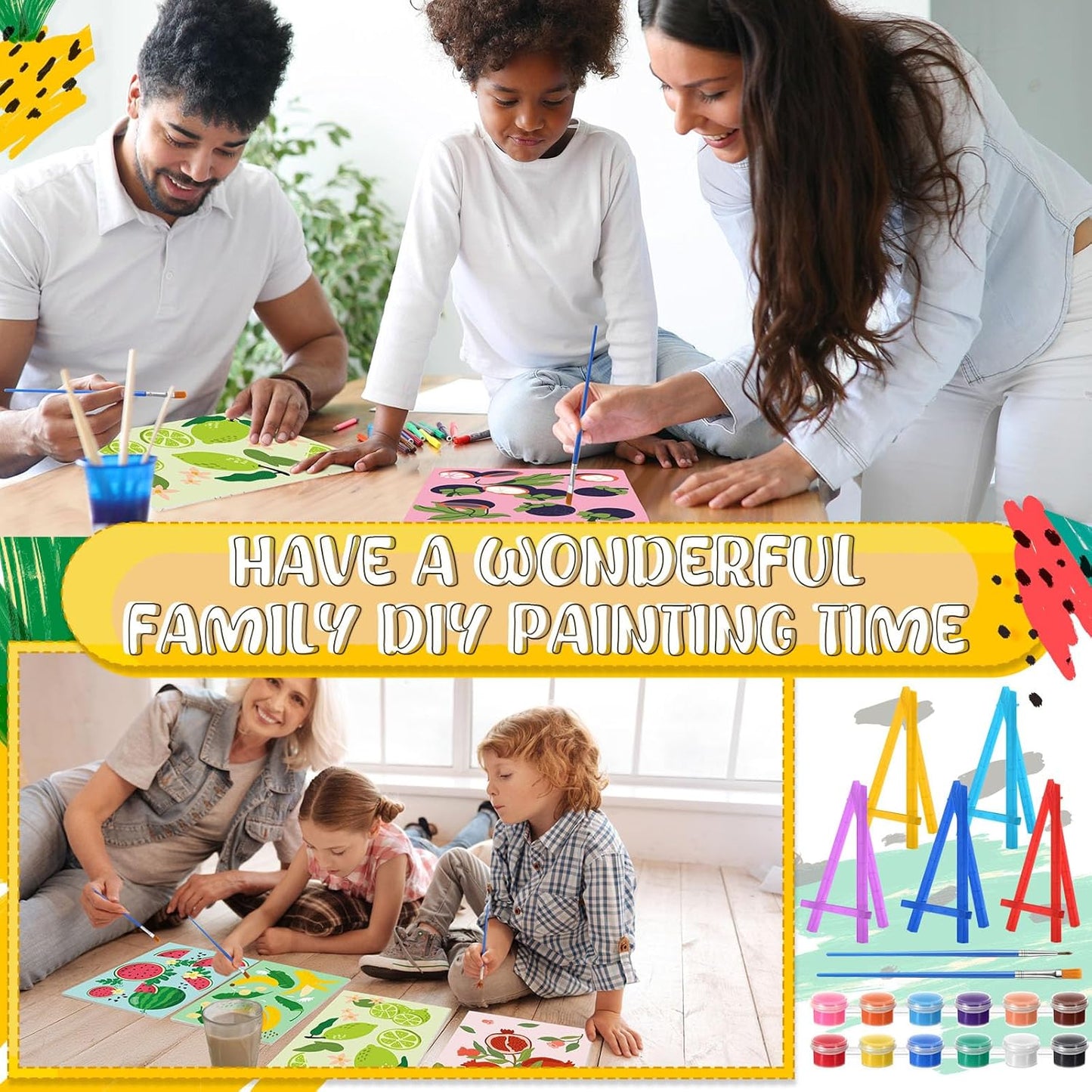 Blosssound 10 Set Pre Printed Canvas Pre Drawn Canvas Painting with Easel Kits 5" x 7" Outline Painting Panels for Beginners, DIY Craft Project, Party Favor, Home Decors(Fruit)