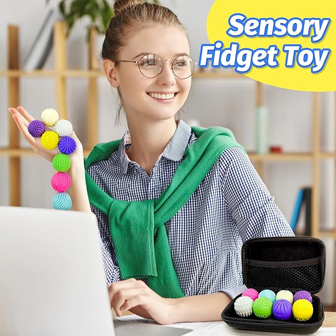 Fidget Magnet Ball Toy, 8 PCS Multi Color Texture Tactile Sensory Gift for Teens Adult ADHD Autism Anxiety, Silent Stress Relief Massage Roller Item Desk Toy for Home Office Calm Down with Case