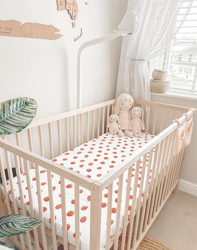 Pack and Play Sheets for Baby Boy and Girl 2 Pack, Neutral Muslin Cotton Pack N Play Mattresses Sheet 27"x39", Muslin Nursery Bedding Soft and Breathable Comfort (Strawberry & Pale Pink)