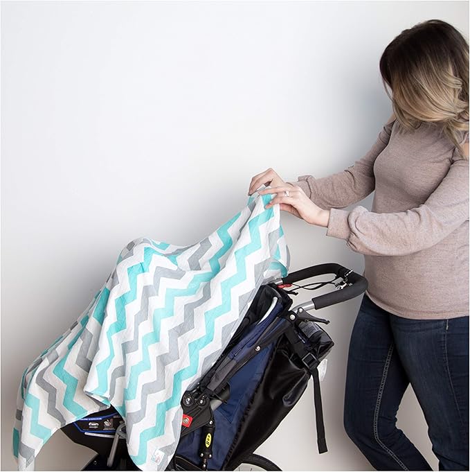 Newborn Bamboo Rayon Swaddle Wraps | Baby Receiving Blankets 3 pk: Wrap & 2 Muslin Square Blankets - Light Blue & Grey Chevron Stripes & Stars
