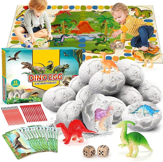 kolegend Dino Egg Dig Kit, 12 Pack Easter Basket Stuffers with 12 Dinosaur Cards and 1 Dinosaur Activity Playmat, Easter Basket Stuffers Toys for 3 4 5 6 7 8 9 10 11 Year Old Boys Girl