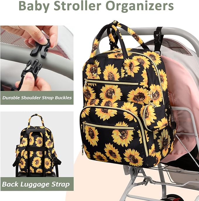 Diaper Bag Backpack,Baby Essentials Diapers Bag with Pacifier Case,Multipurpose Stylish Large Capacity Travel Backpack for Baby Girl/Boy(M-Sunflower)