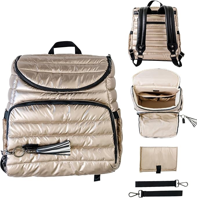 Citi Collective Gallery Diaper Bag Backpack - Casual Day-to-Day Backpack Fits 15" Laptop - Travel Bag with Multiple Compartments, Pockets, Portable Changing Pad, and Shoulder Strap-Gold