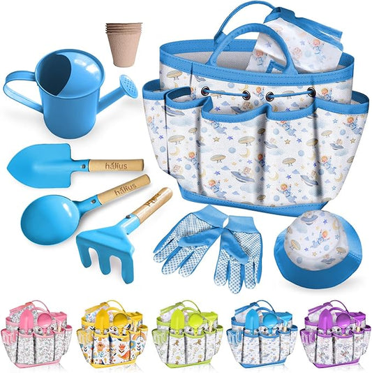 Kids Gardening Tool Set 18PCS Kids Toddler Gardening Set Includes Tote Bag Watering Can Apron Hat Rake Shovel Spoon Gloves Plant Pots and Labels, Outdoor Toys Gift for Boys Girls (Blue)