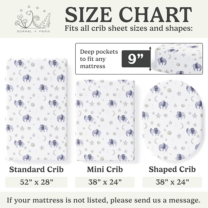Crib Sheets Neutral - Fitted Baby Crib Sheets Bed for Girl Boy - 2 Pack Standard & Toddler Mattress (Watercolor Elephants) - Buttery Soft Organic Cotton Blend