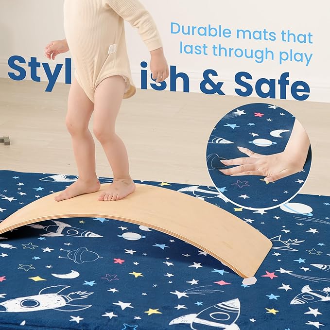 Baby Play Mat for Floor,1.3" Thick Cushioned Playpen Mat 50"x50",Extra Soft Elasti-Foam,Water Repellent Coral Velvet,Non-Slip for Crawling&Tummy Time,Infant Toddler Kids Nursery Rug(Space)