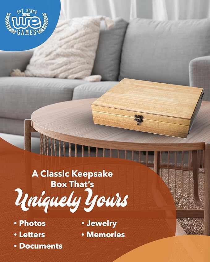 WE Games Old World Wooden Box with Brass Latch – Vintage-Style Wooden Keepsake Box for Jewelry & Trinket Storage, Natural Wood Finish